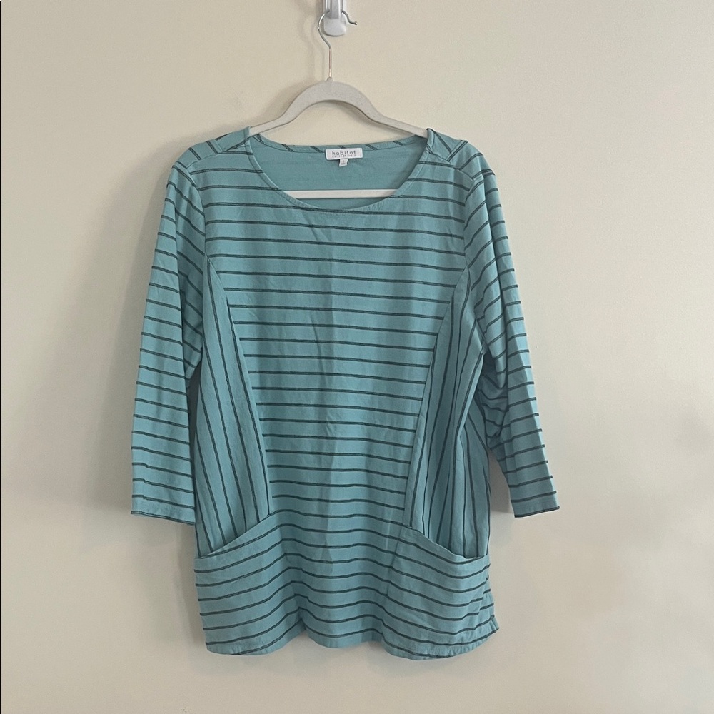 # Habitat Aqua & Navy Striped Scoop Neck 3/4 Sleeve Top w/Patch Pockets